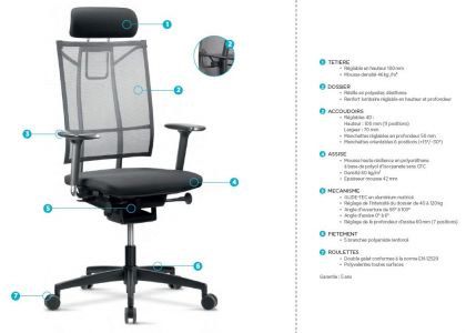 Fauteuil ergonomique breveté avec têtière LISA ergo T